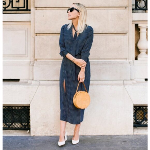 💕ALEXIS💕 Noelle Polka-dot Tie-neck Slit Midi Dress ~ Navy Blue XS - Picture 3 of 16